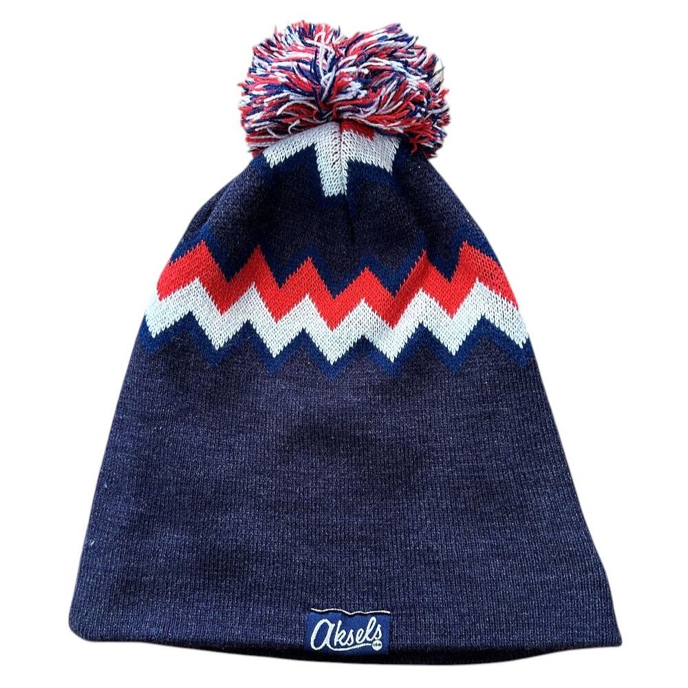 Aksels Hand-Knit Zig-Zag Navy Blue Beanie w/ Tri-Color Pom